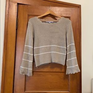 bell sleeve tan sweater with scallop details